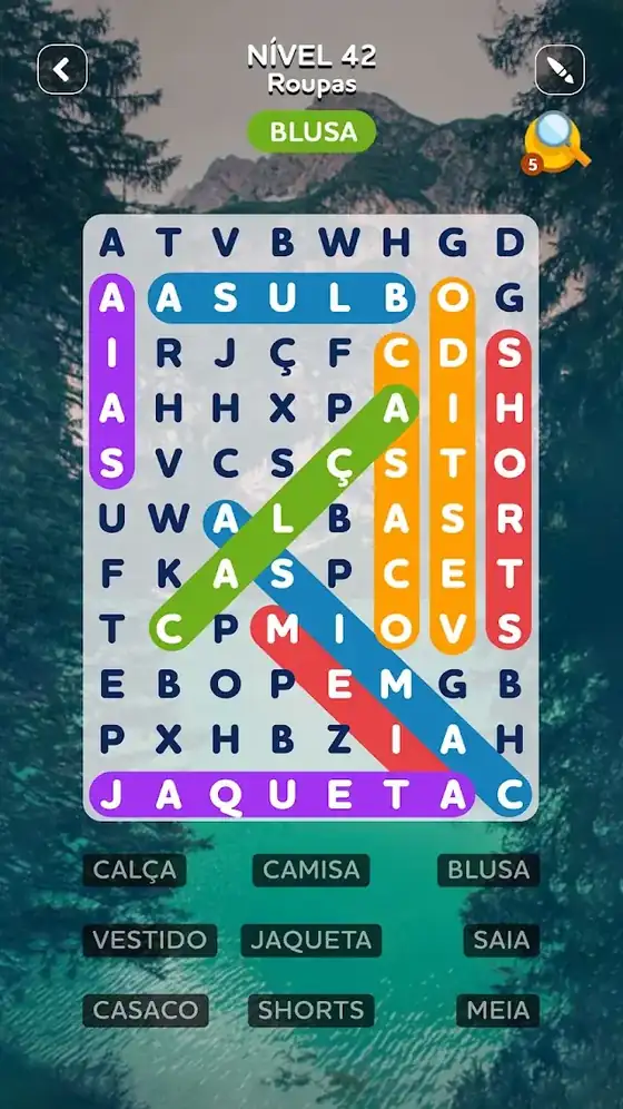 Ecrã de jogo de Caça Palavras Brasileiro